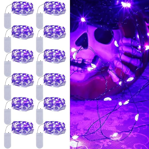 WATERGLIDE 12 Pack Halloween Fairy Lights Battery Operated (Included), 7 ft 20 LED Mini Firefly Starry String Lights, Waterproof Black Wire Light for DIY Mason Jar Table Halloween Decor, Purple
