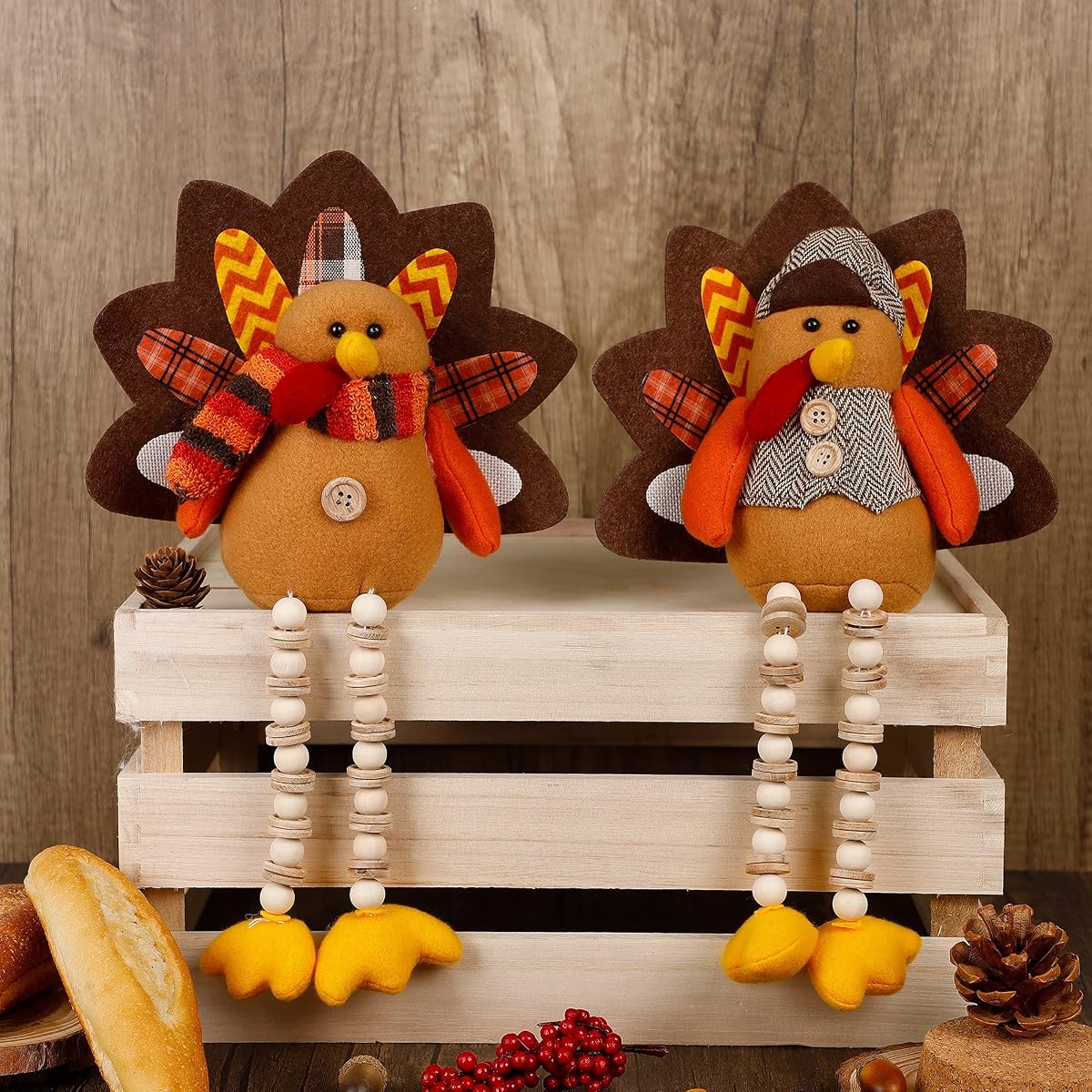Biswing Thanksgiving Decoration Tabletop Standing Turkey Couple with Dangling Legs, 2 Pack Plush Stuffed Turkeys Shelf Sitters Figurine Gift for Autumn Fall Harvest Halloween Home Table Decorations - imagen de detalle 3
