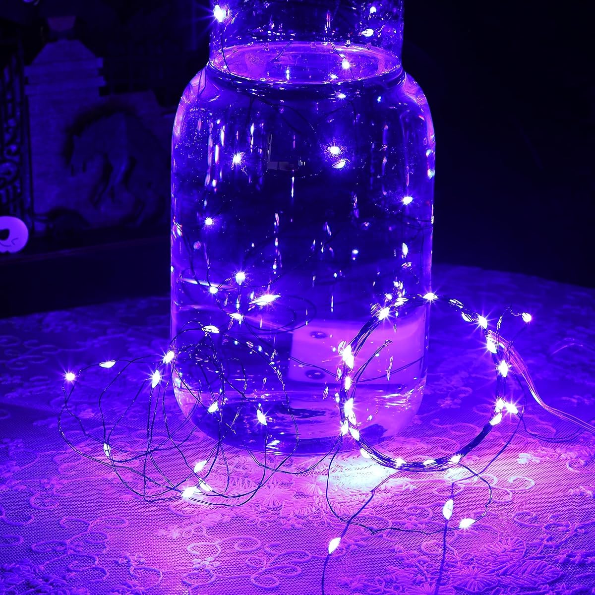 WATERGLIDE 12 Pack Halloween Fairy Lights Battery Operated (Included), 7 ft 20 LED Mini Firefly Starry String Lights, Waterproof Black Wire Light for DIY Mason Jar Table Halloween Decor, Purple - imagem de detalhe 6