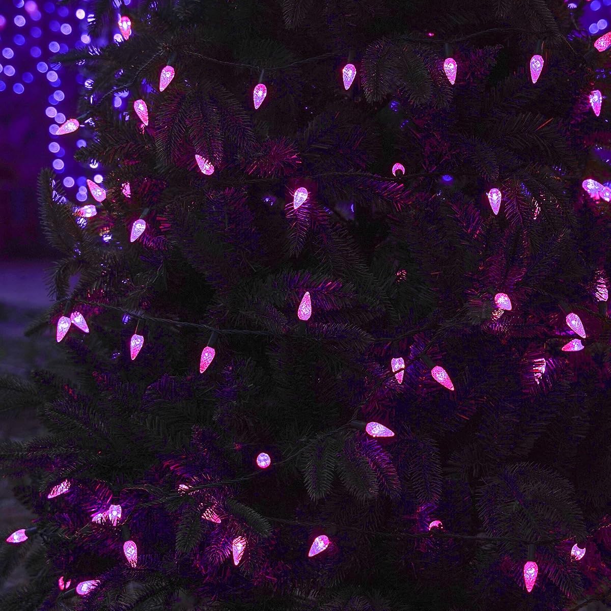 WATERGLIDE Halloween C6 String Lights, 33ft 100 LED Black Wire Fairy Lights with 29V Safe Adaptor, 8 Lighting Mode, Waterproof for Indoor Outdoor Patio Xmas Tree Party Decor, Purple - imagen de detalle 5