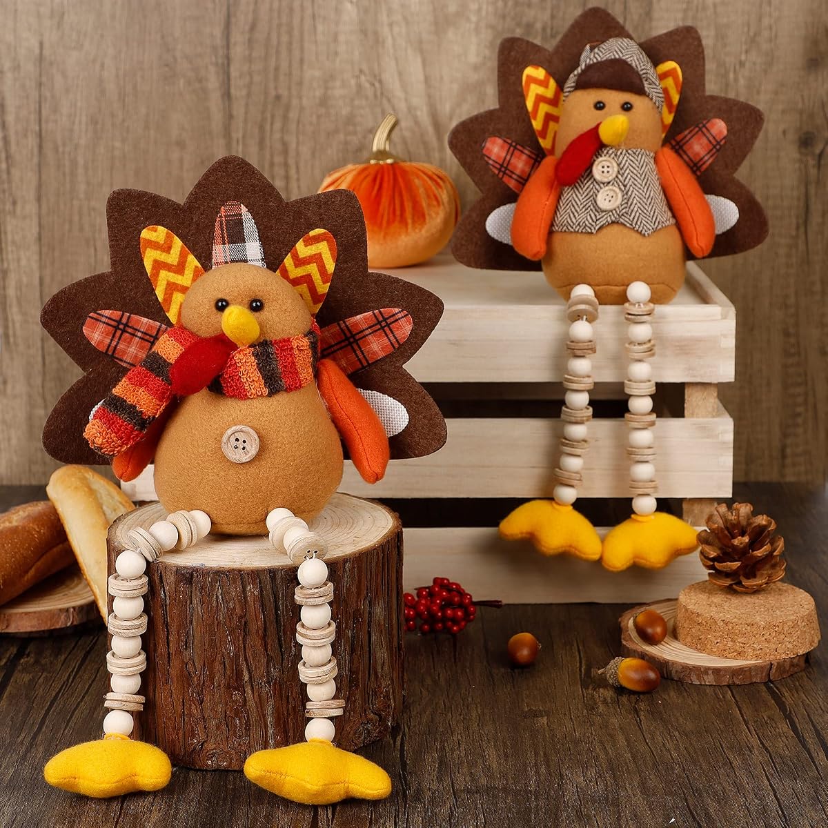 Biswing Thanksgiving Decoration Tabletop Standing Turkey Couple with Dangling Legs, 2 Pack Plush Stuffed Turkeys Shelf Sitters Figurine Gift for Autumn Fall Harvest Halloween Home Table Decorations - imagen de detalle 4