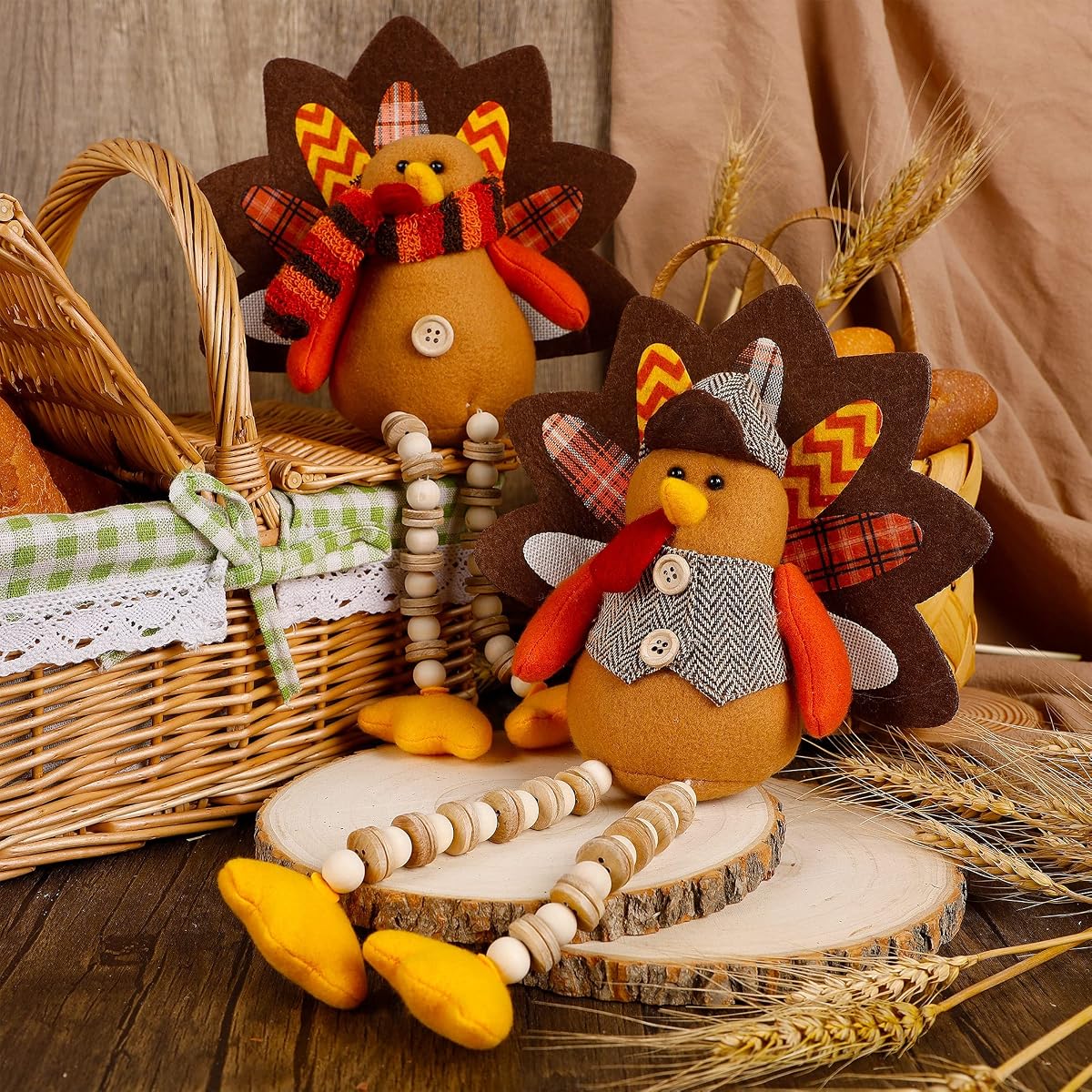 Biswing Thanksgiving Decoration Tabletop Standing Turkey Couple with Dangling Legs, 2 Pack Plush Stuffed Turkeys Shelf Sitters Figurine Gift for Autumn Fall Harvest Halloween Home Table Decorations - imagen de detalle 2