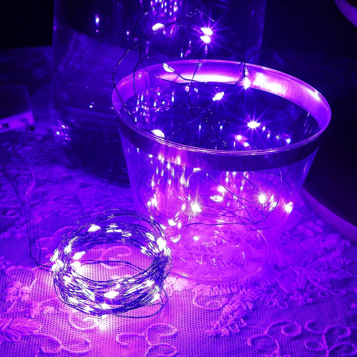 WATERGLIDE 12 Pack Halloween Fairy Lights Battery Operated (Included), 7 ft 20 LED Mini Firefly Starry String Lights, Waterproof Black Wire Light for DIY Mason Jar Table Halloween Decor, Purple - imagem de detalhe 2