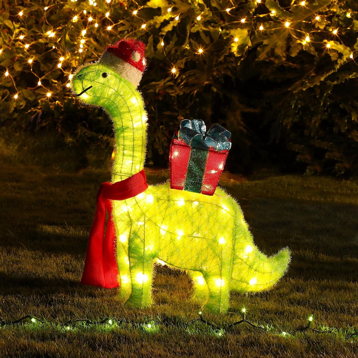 WATERGLIDE Lighted Christmas Green Dinosaur with Gift Box Decorations, 27 Inch Pre-Lit Light Up 3D Brachiosaurus Xmas Outdoor Yard Decor with Lights, for Festive Xmas Holiday Garden Lawn Display - 细节图 4