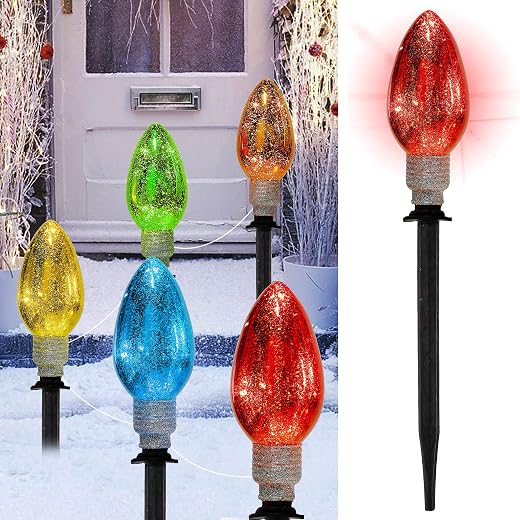 Biswing Christmas Decorations C9 Multicolor Light Bulb with Pathway Markers, Outdoor Xmas Pathway Lights, Connectable & Light Up for Holiday Walkway Patio Garden Lawn Yard Ornament, 5 Pack